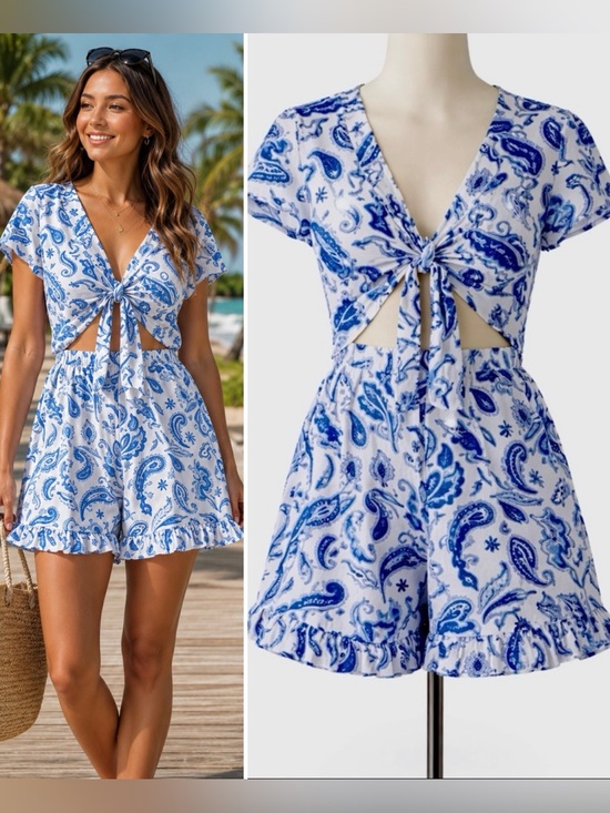 Show Me Your MuMu Pants - SHOW ME YOUR MUMU Riviera Tie Front Blue White Paisley Romper Medium💛